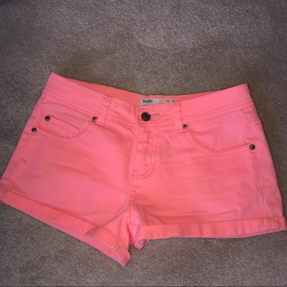 Neon coral denim shorts